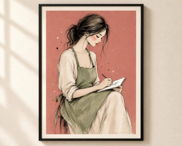 Woman Artist Printable Wall Art, Sketchpad and Apron Portrait in Mauve